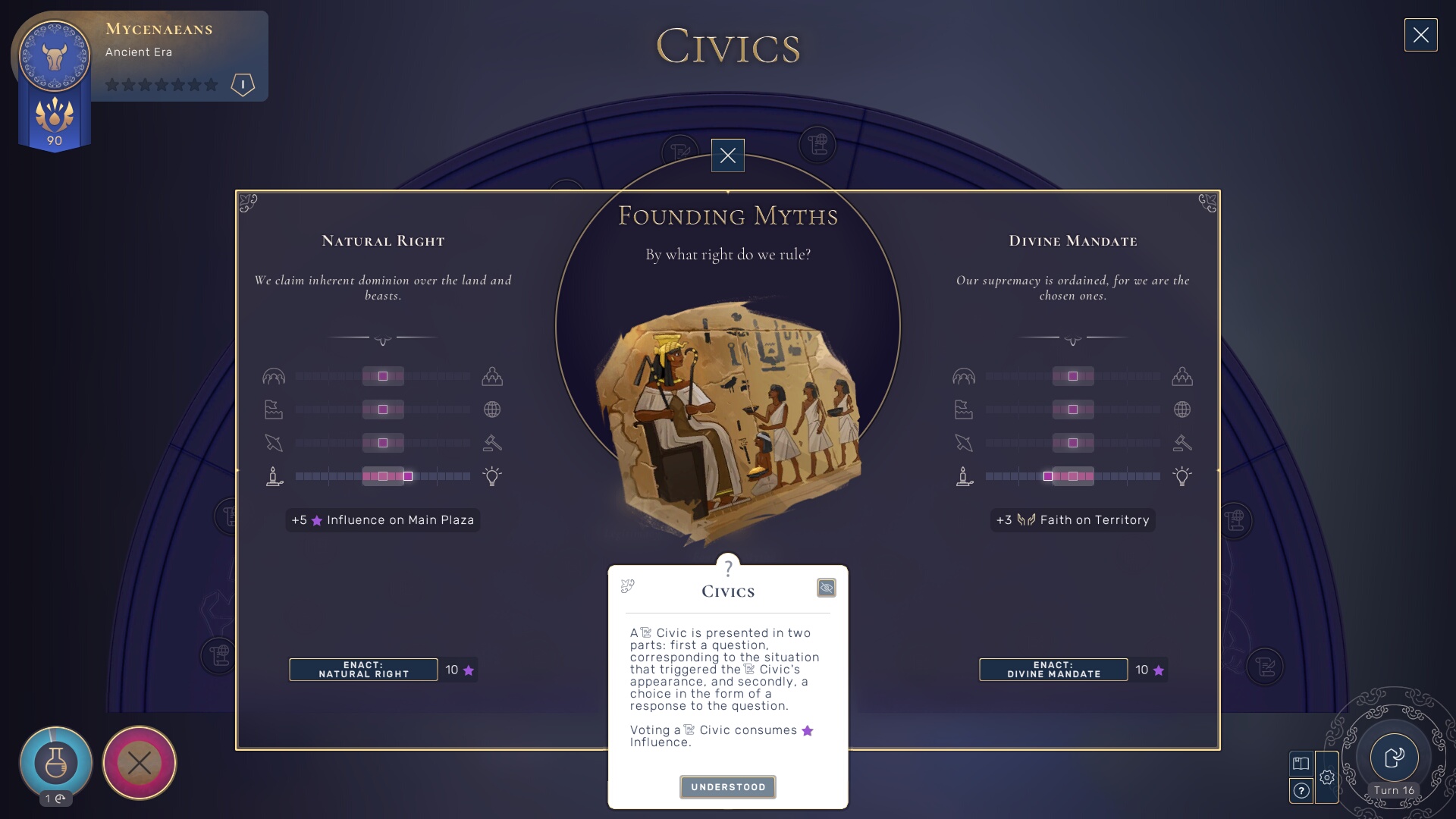 Pick civics to customize your own faction.